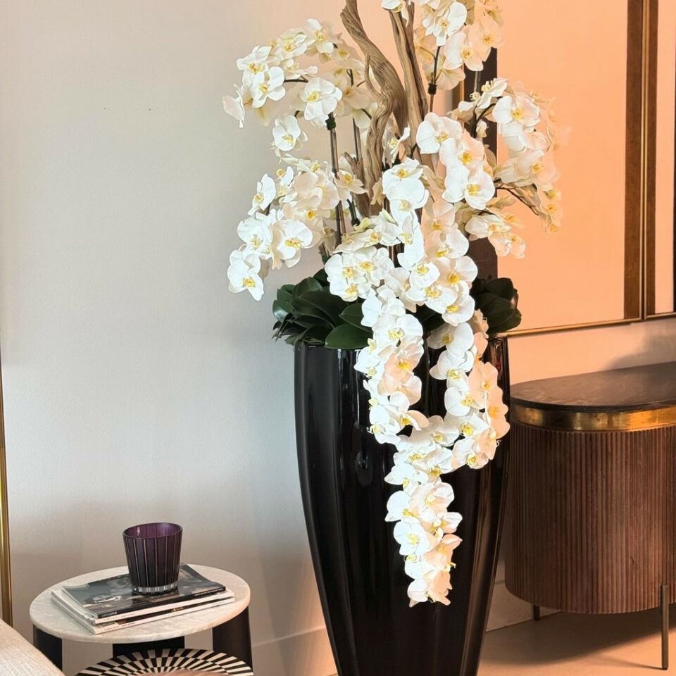 Vase San Jose en Noir Brillant avec Orchidées Blanches en Cascade