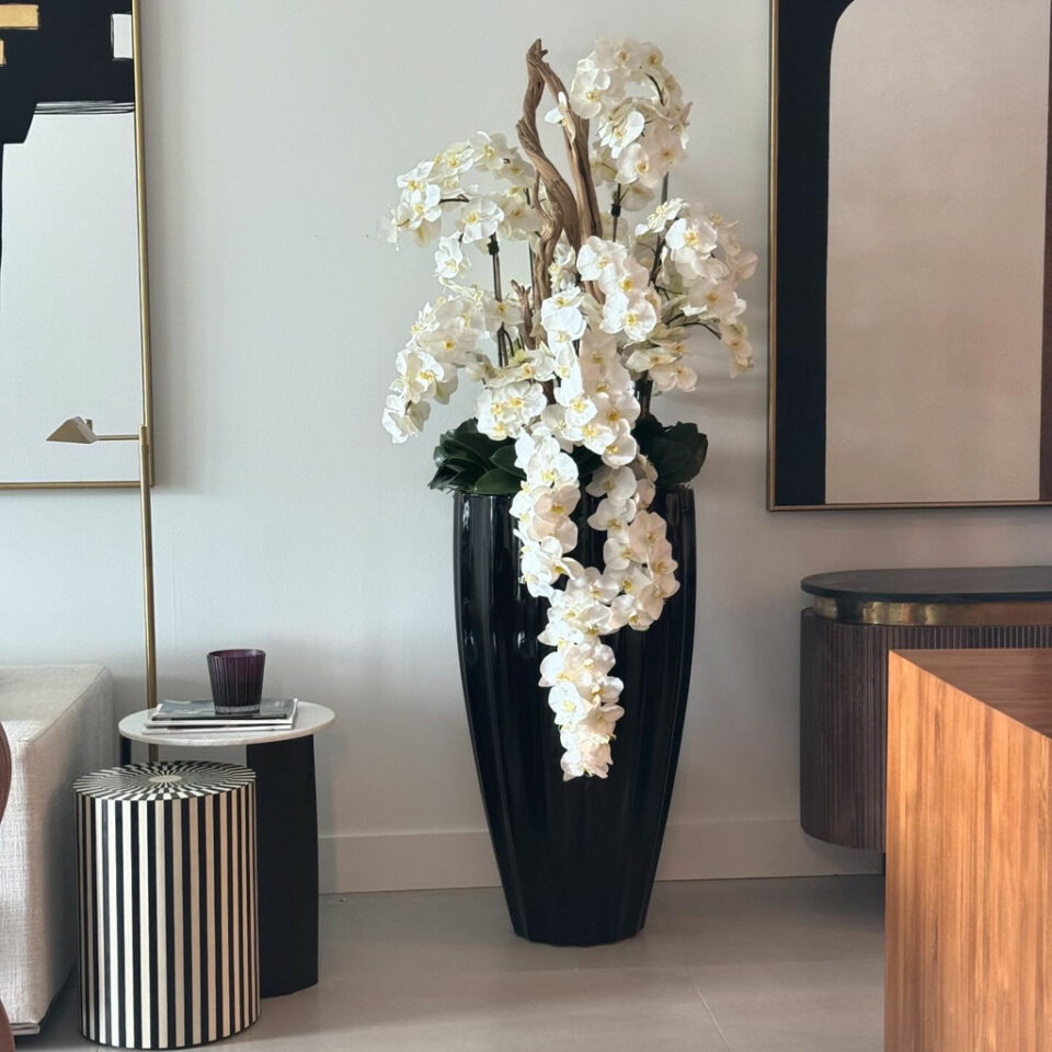 Vase San Jose en Noir Brillant avec Orchidées Blanches en Cascade