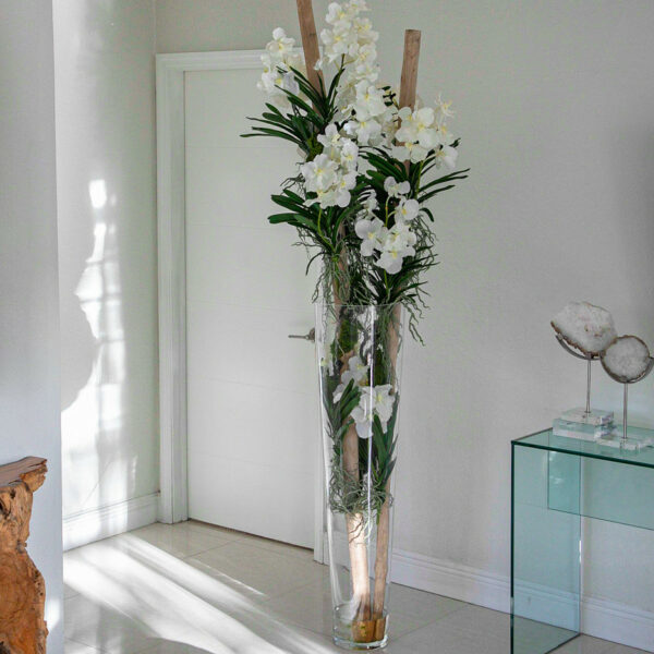Orchidées Vanda Blanches et Bois Flottant dans un Cylindre Conique en Verre de Grande Taille