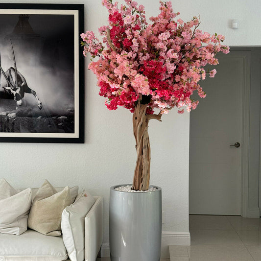 Vase Lisboa argenté brillant avec cerisier rose tricolore personnalisé