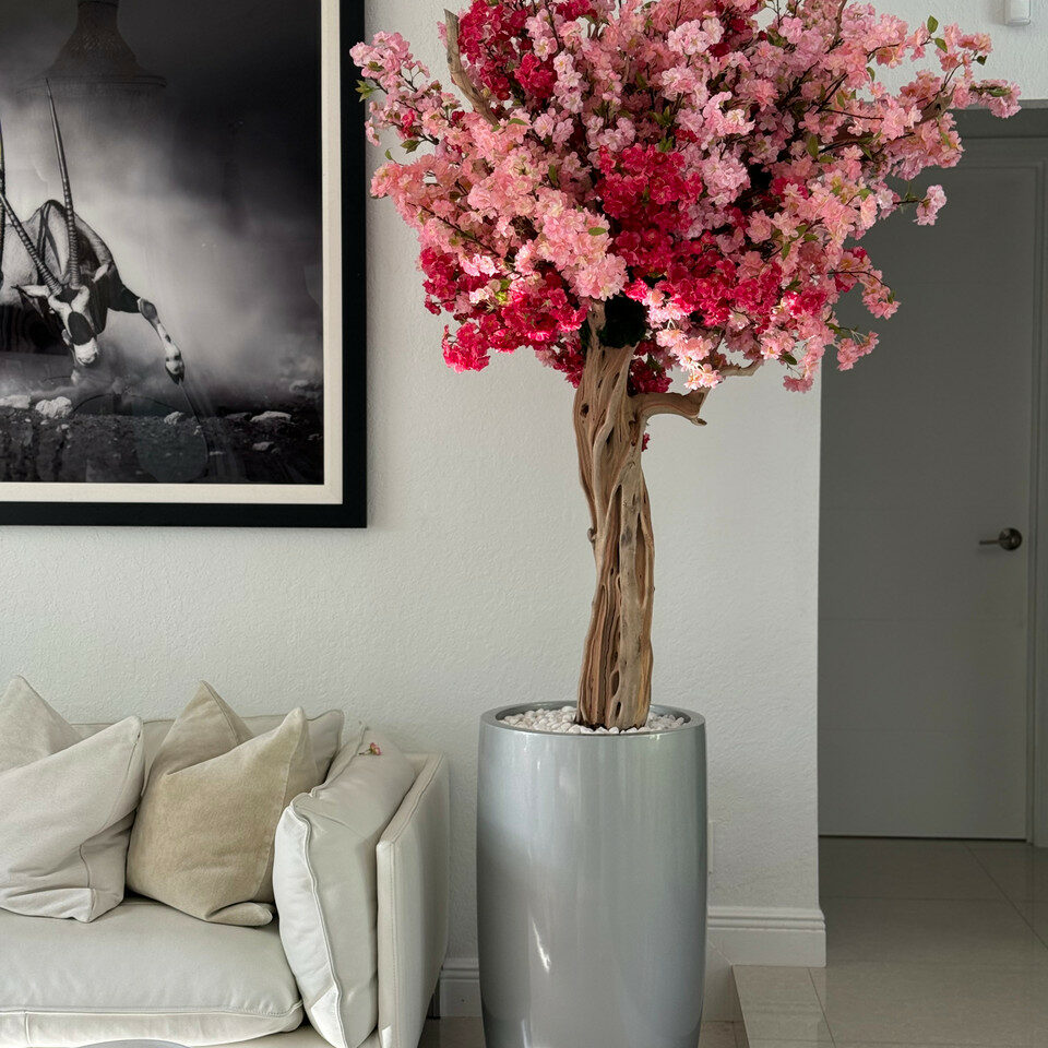 Vase Lisboa argenté brillant avec cerisier rose tricolore personnalisé