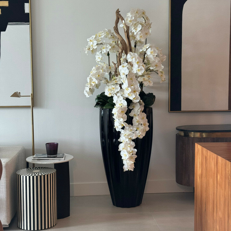 Vase San Jose en Noir Brillant avec Orchidées Blanches en Cascade