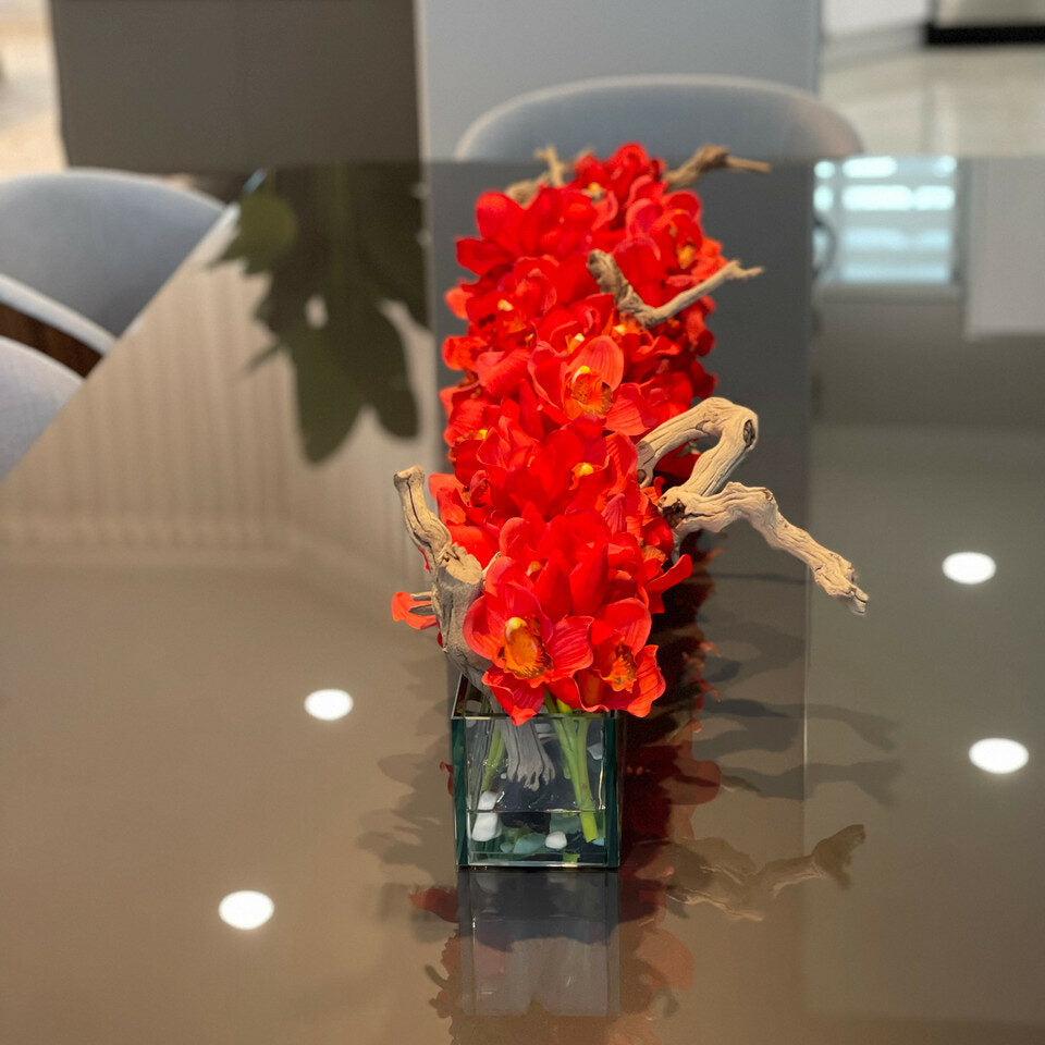Jardinière en Verre Casa Moderna 48″ avec Cymbidiums Rouges