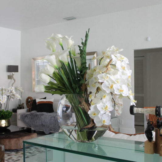 Vase Lunaire avec Bouquet de Fleurs Mixtes